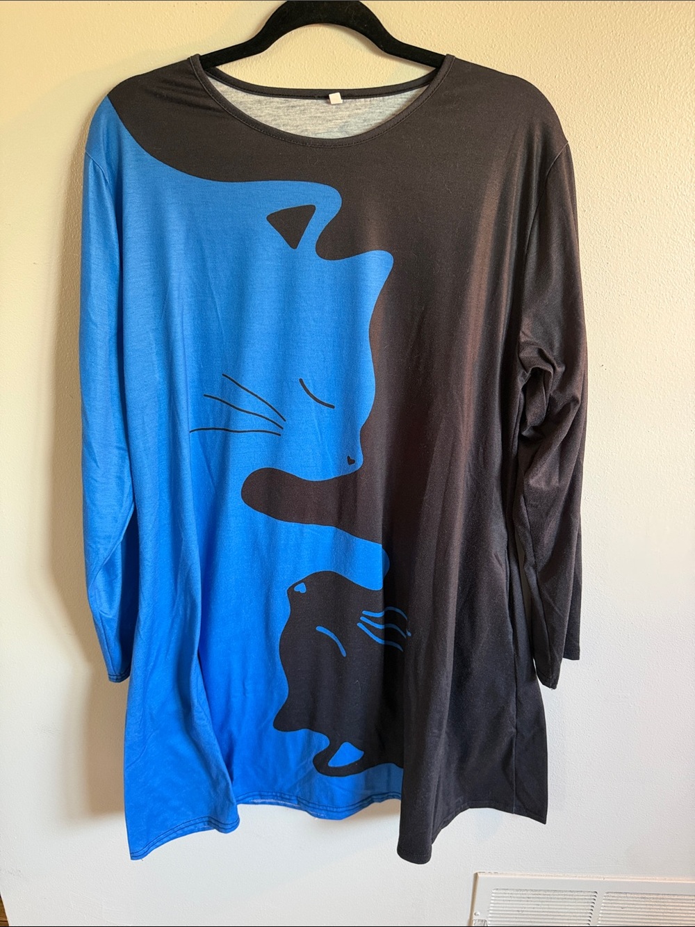 Blue and Black Cat Graphic Long Sleeve Dress with Pockets Size XL